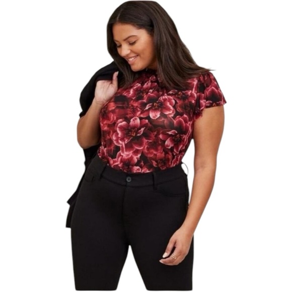 torrid Tops - NWT Torrid Red Black Floral Stretch Mesh Smocked Neck Flutter Sleeve Top - 4X